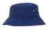 A blue bucket hat with a wide brim and small embellishments. It features a simple design and has a logo.