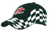 A black cap featuring a red logo and a white checkered pattern on the brim.