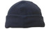 A navy micro fleece beanie with a rolled cuff and a simple design. It features a logo on one side.