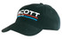 A black cap featuring a white and red logo with blue accents. It has a curved brim and a structured design.