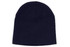A navy acrylic beanie with a rolled down brim and a plain design, featuring a logo.