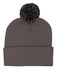 Acrylic beanie in a dark grey colour with a fluffy pom pom on top, featuring a fold-over cuff.