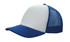 A blue and white trucker mesh cap with a solid front panel and mesh back for ventilation.