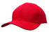 A red cotton twill cap with a buckle and a logo on the front.
