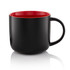 A black coffee mug with a red interior and a handle, featuring a logo on the surface.