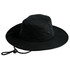 A black brim and bucket hat with a drawstring and ventilation holes. Features a logo.