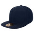 A navy cap featuring a flat brim and a branding logo on the front.