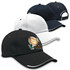 Four caps are displayed in black, white, and navy, featuring a logo on the front of each.