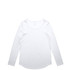 A white long-sleeve T-shirt featuring a scoop neckline and a branding logo.