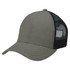 A trucker cap in olive green with a black mesh back and a curved brim. It features a logo on the front.