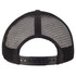 A black camo trucker cap featuring a mesh back and a snap closure. Includes a logo on the back.