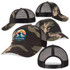 A black camo trucker cap featuring a logo, with mesh back and adjustable strap.