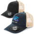 A cap featuring a black front and a beige mesh back, with a logo on the front panel.