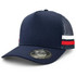 A navy trucker cap with a structured front, mesh sides, and striped detailing in red and white. It has a logo.