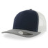 A navy blue and grey trucker cap with a mesh back and a branded label on the underside of the visor.