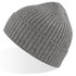 A grey ribbed beanie with a rounded top and a textured finish. It features a logo on the side.