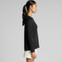 A long-sleeve black T-shirt displayed from the side, featuring a simple design and a branding logo.