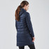 A navy women's parka with a hood, featuring a quilted design and a mid-length cut, displayed from the back.