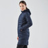 A navy women's parka jacket with a hood, featuring a quilted design and side pockets. It has a logo on it.