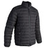 A black unisex puffer jacket with a zip-up front and side pockets, featuring a logo on the chest.