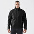 A black ultra-light shell jacket with a zip front and side pockets, featuring a logo on the sleeve.