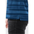 A close-up of a men's polo shirt in dark blue with horizontal stripes, featuring a side split detail.