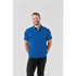 A blue polo shirt with a subtle pattern, featuring a collar and short sleeves, worn by a man smiling.