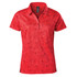 A red Women's Galapagos Polo featuring a geometric pattern and a collar. It has a logo on the design.