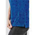 A close-up of a women's polo shirt in blue featuring a geometric pattern, with a side slit and a logo.