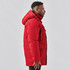 A red Men's Denali Parka jacket with a hood, featuring side pockets and a tailored fit.
