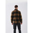 A unisex caribou fleece jacket in a black and gold check pattern, featuring a collar and a logo.