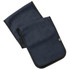 A dark blue fleece scarf with black edges, featuring a small logo.