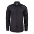 A black button-up shirt with a collar and long sleeves, featuring a logo on the label.