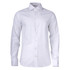 A button-up shirt in white with long sleeves and a pointed collar, featuring a subtle logo.
