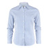 A button-up women's shirt featuring light blue and white stripes, with long sleeves and a collared neckline.