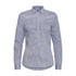 A blue and white checked button-up shirt for women with a collar and long sleeves, featuring a logo.
