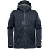 A dark grey jacket with a hood, featuring multiple zip pockets and a modern design. It has a logo on one sleeve.