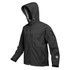 A black men's jacket featuring a hood, zippered pockets, and a logo on the sleeve.