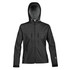 A black women's jacket with a hood and multiple zip pockets, featuring a logo on the sleeve.