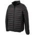 A black puffer jacket with a zippered front and a stand-up collar, featuring a logo on the chest.