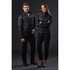 Two models wearing black puffer jackets, standing against a dark background. Each jacket has a logo.