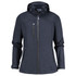 A women's rain jacket in dark navy with a hood, featuring zippered pockets and a branded logo.