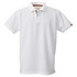 A white men's polo shirt with a collar and striped detail on the sleeves, featuring a logo.
