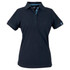 A women's cotton polo shirt in black, featuring short sleeves and a collared neckline with a striped detail.