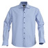 A light blue button-up shirt featuring long sleeves and a branded logo. Buttons are dark in colour.