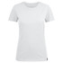 A white women's crew neck t-shirt featuring short sleeves and a logo.