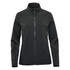 A women's soft shell jacket in dark green with a zip closure and high collar. It features a logo on the fabric.