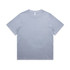 A light blue heavy faded t-shirt with a round neckline and short sleeves, featuring a logo.
