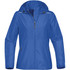 A blue women's rain jacket with a hood and zippered pockets, featuring a branding logo.