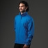 A blue rain jacket for men with a zippered front and stand-up collar, featuring a logo.